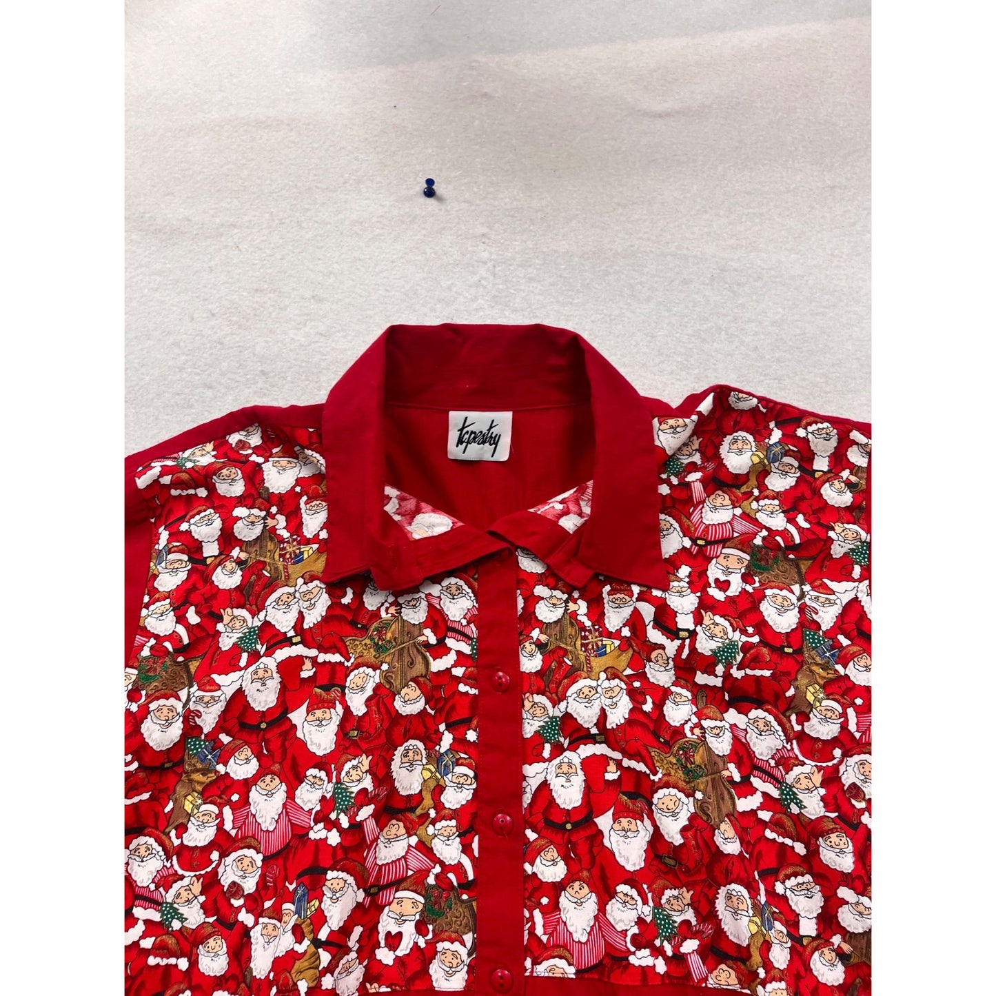 Vintage Tapestry Red Santa Print Button-Up Shirt Short Sleeve XL #105C