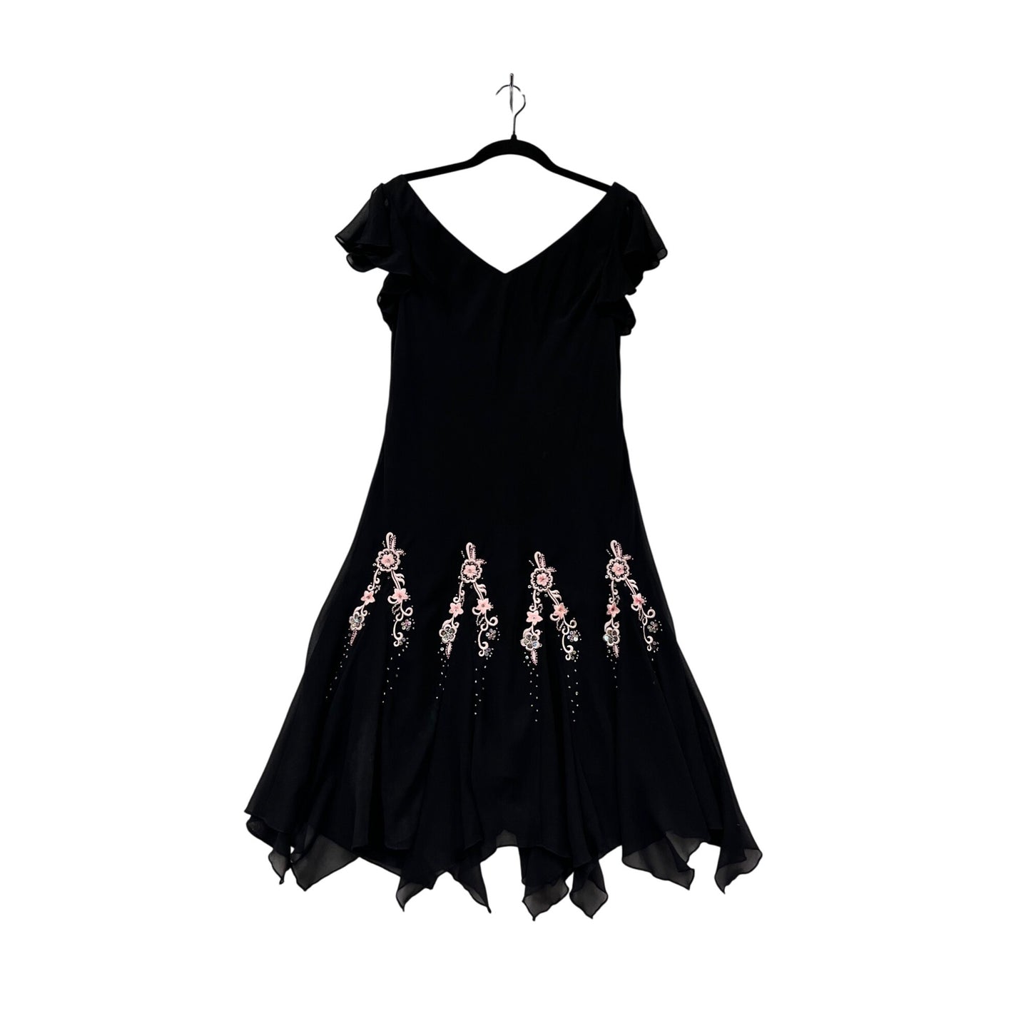 Black Chiffon Handkerchief Hem Dress With Pink Embroidery & Beading By S.L. Fashions Petite M/L #8919