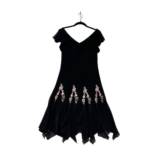 Black Chiffon Handkerchief Hem Dress With Pink Embroidery & Beading By S.L. Fashions Petite M/L #8919