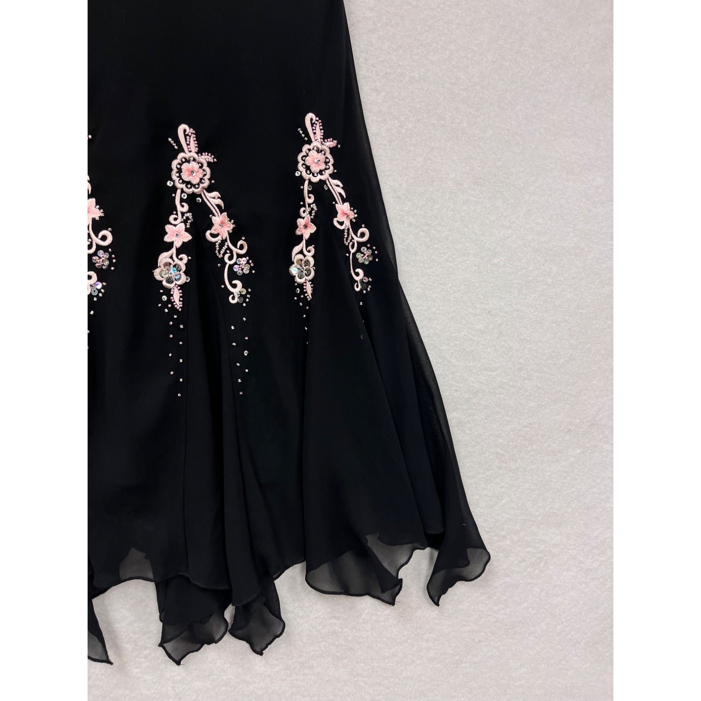 Black Chiffon Handkerchief Hem Dress With Pink Embroidery & Beading By S.L. Fashions Petite M/L #8919