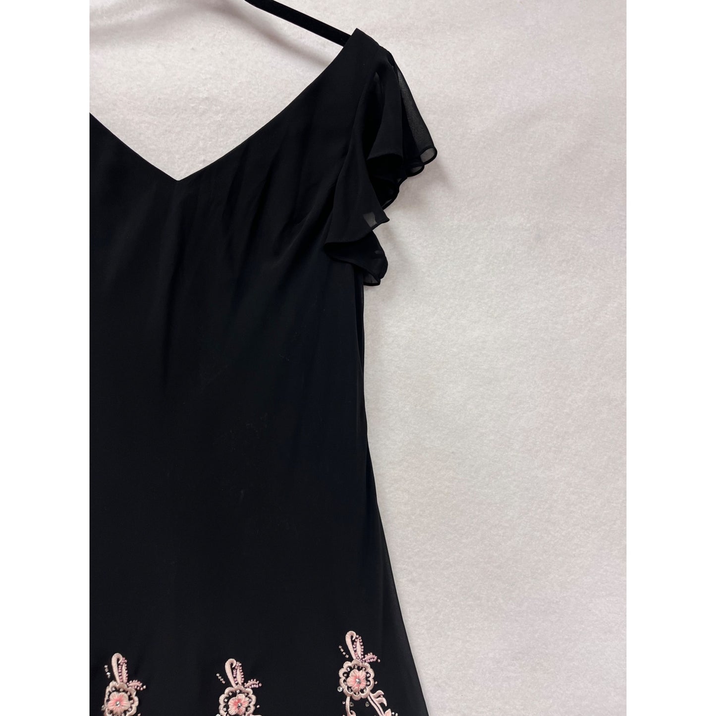 Black Chiffon Handkerchief Hem Dress With Pink Embroidery & Beading By S.L. Fashions Petite M/L #8919