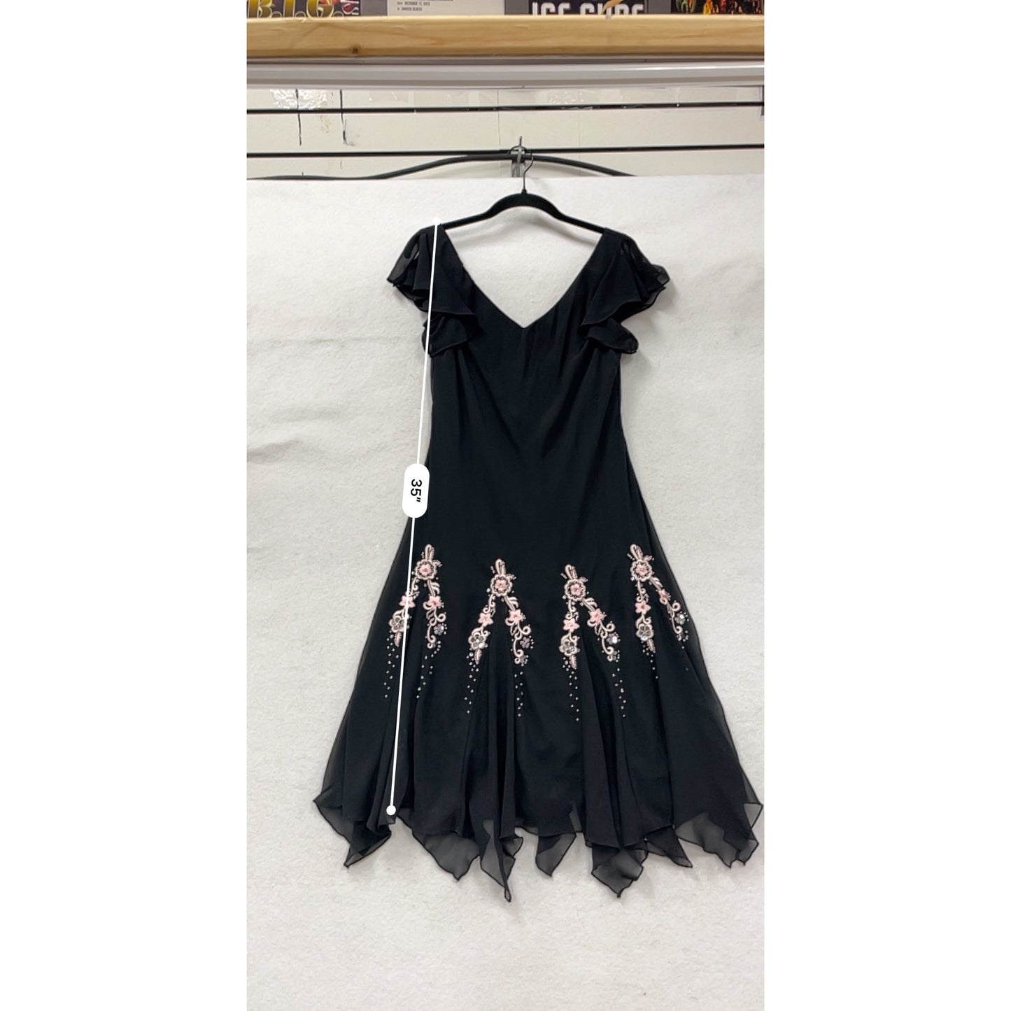 Black Chiffon Handkerchief Hem Dress With Pink Embroidery & Beading By S.L. Fashions Petite M/L #8919