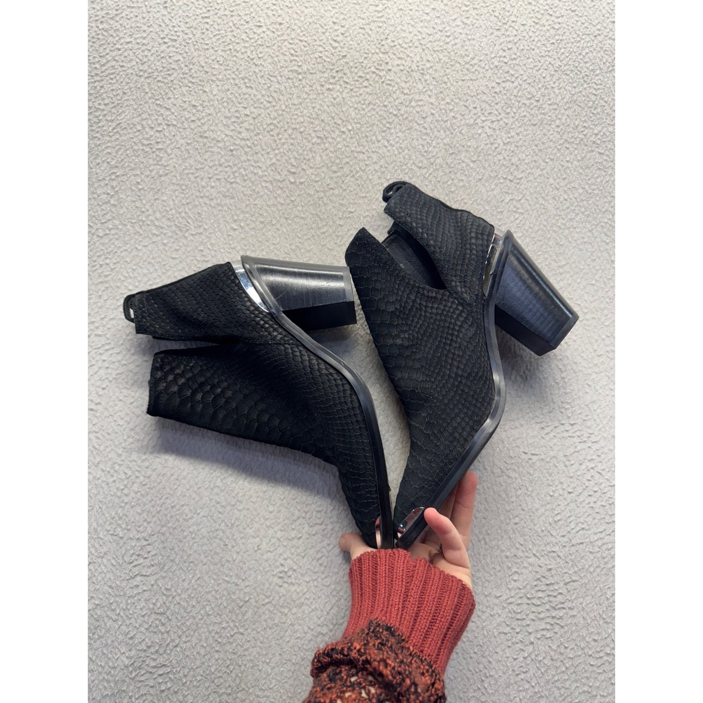 Black Snake Print Square Toe Ankle Boots With Block Heel #344B