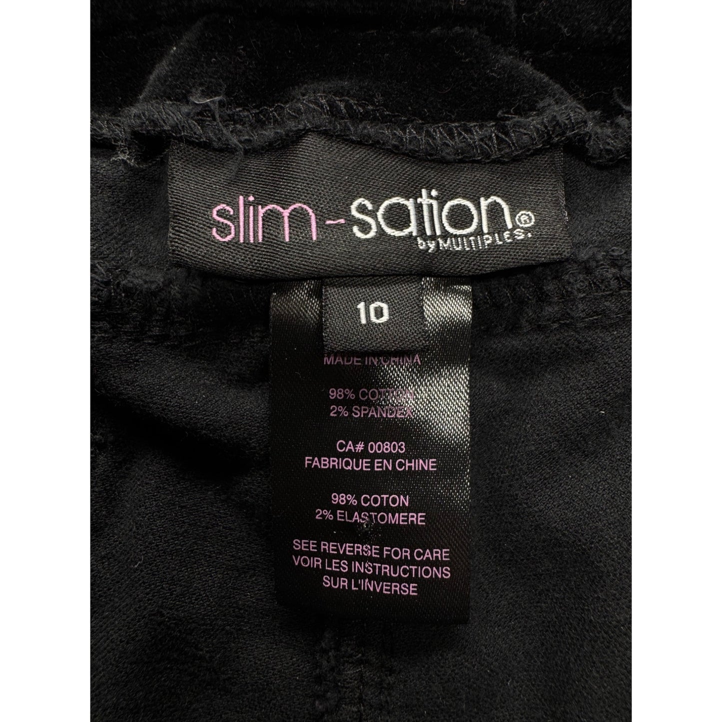 Slim-Sation Black Corduroy Pants Size 10 Stretch Cotton Elastic Waist #9273