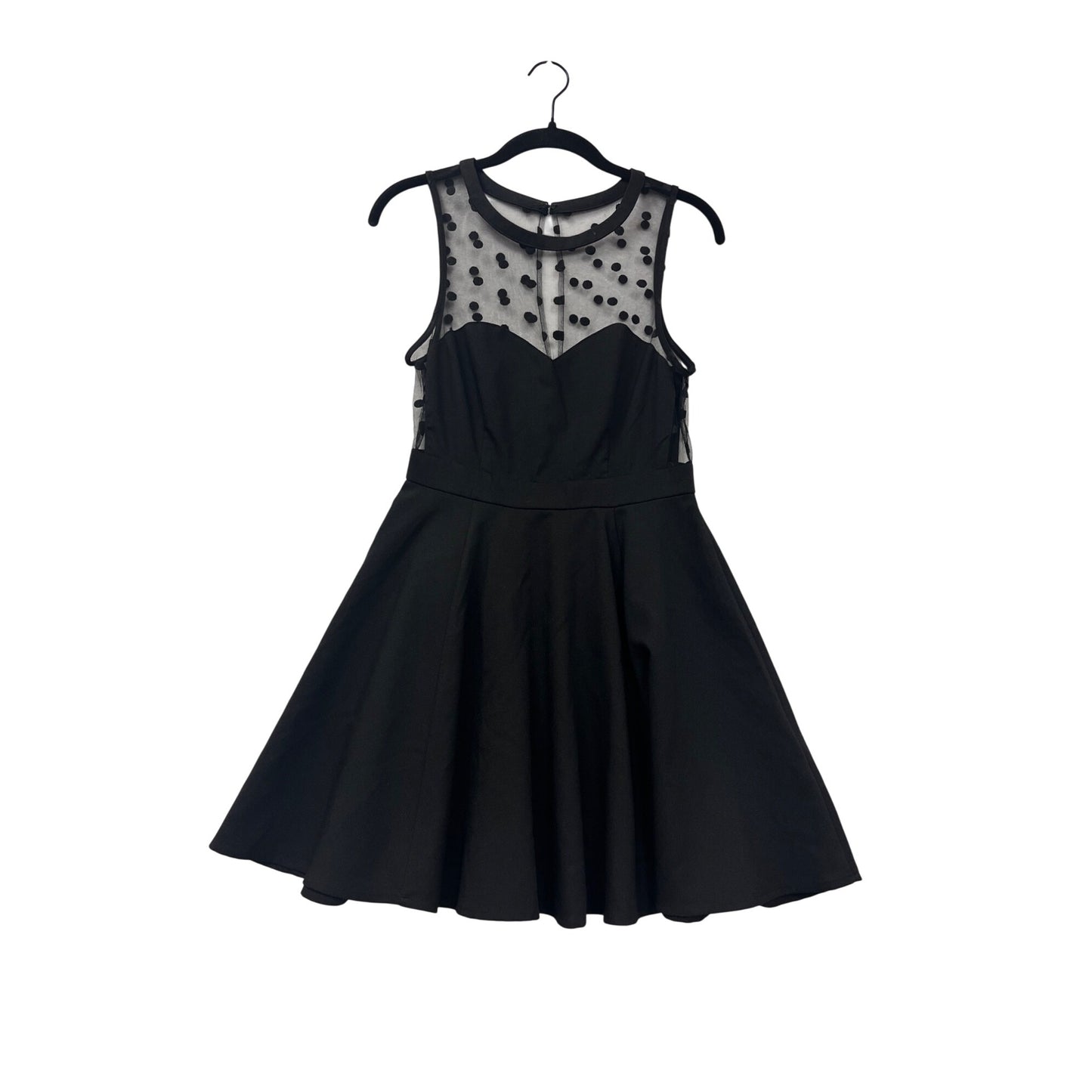 Black Sleeveless Fit & Flare Dress With Sheer Polka Dot Mesh #8459