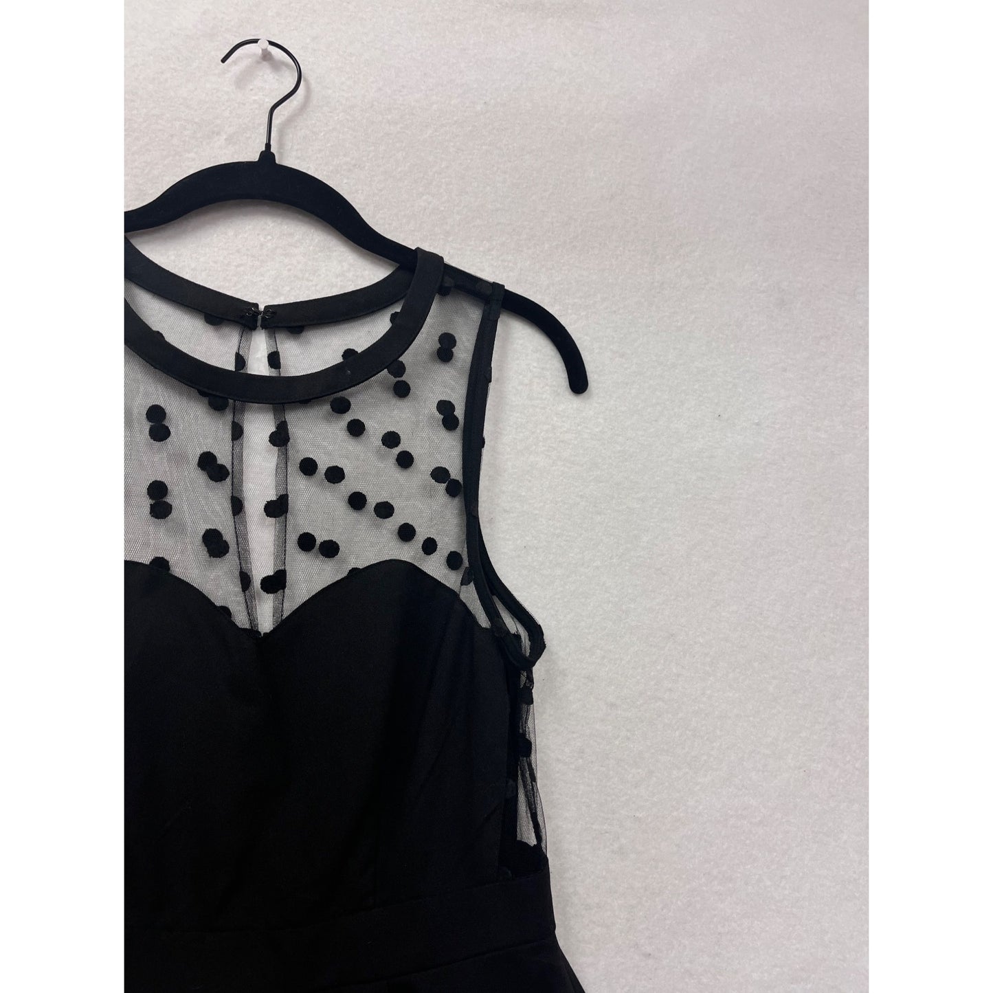 Black Sleeveless Fit & Flare Dress With Sheer Polka Dot Mesh #8459