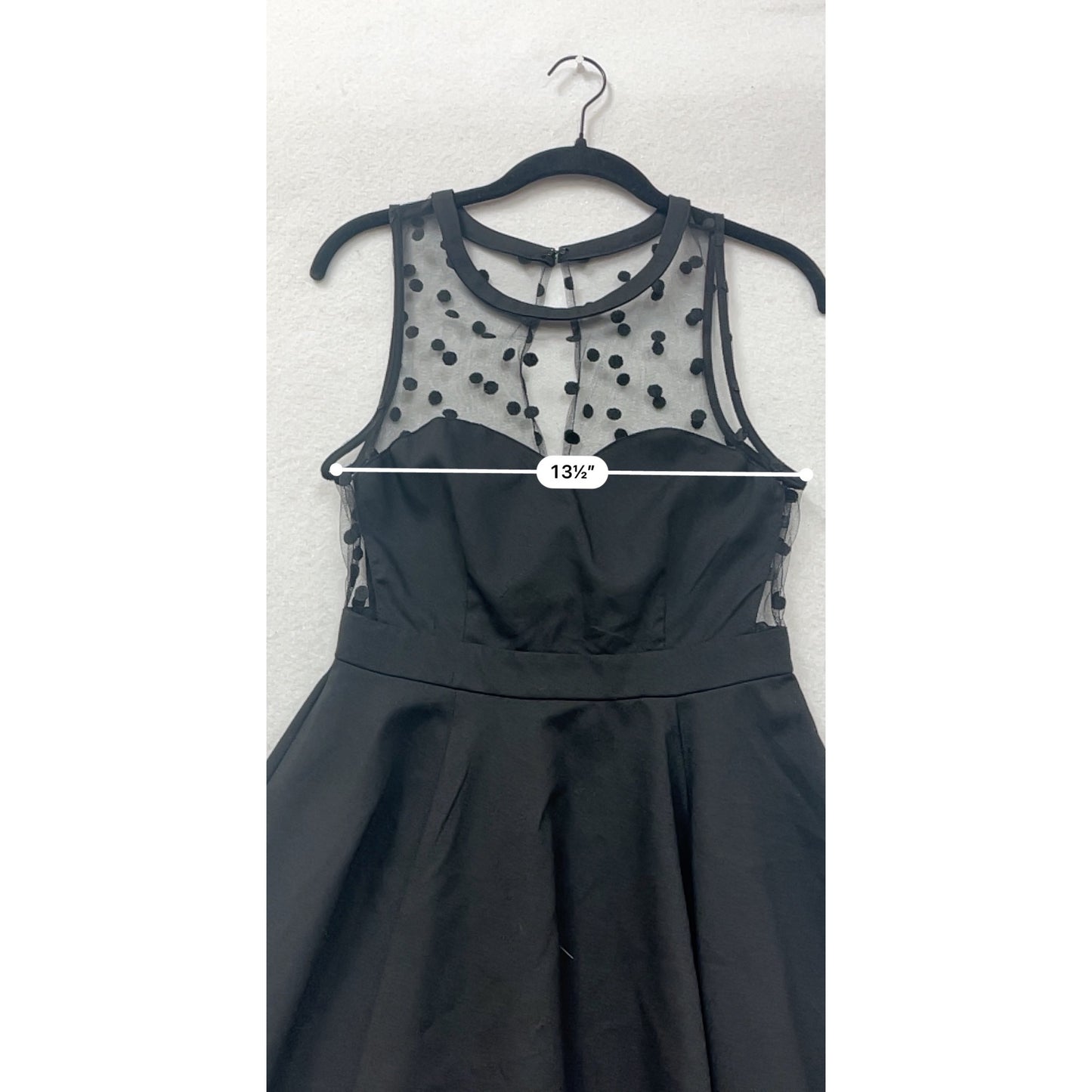 Black Sleeveless Fit & Flare Dress With Sheer Polka Dot Mesh #8459