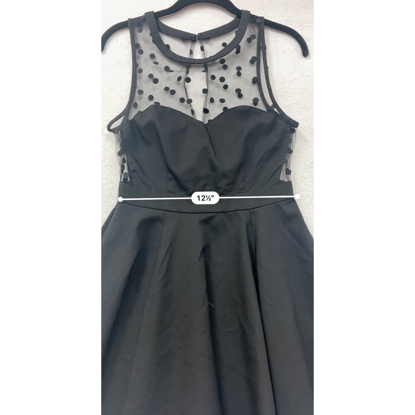 Black Sleeveless Fit & Flare Dress With Sheer Polka Dot Mesh #8459