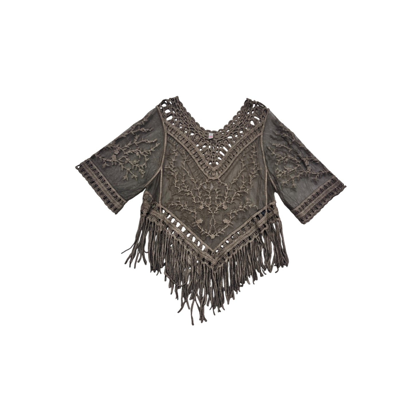 Crochet Fringe Embroidered Poncho Top S/M #538A