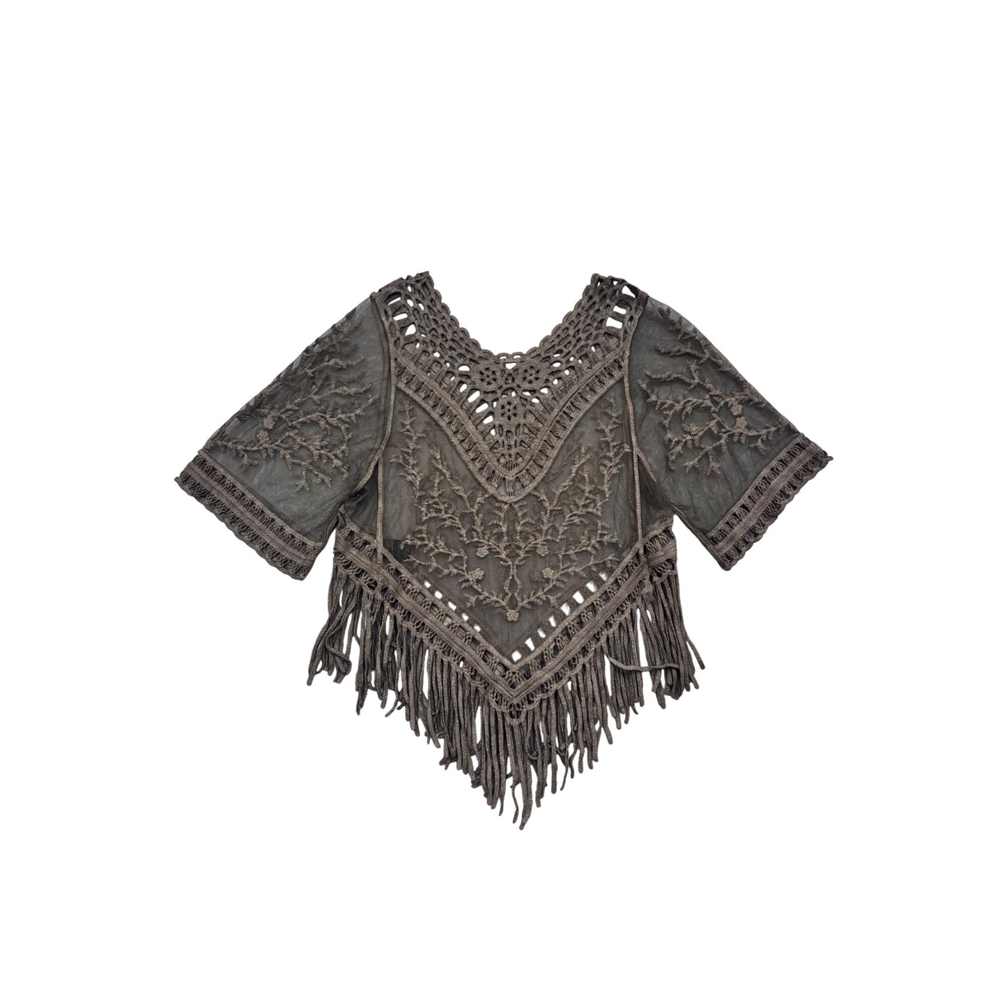 Crochet Fringe Embroidered Poncho Top S/M #538A