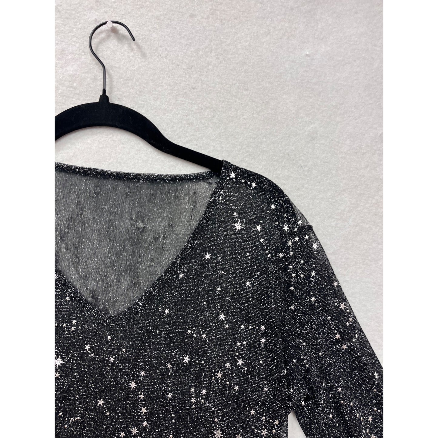Mangopop  XXL Black & Silver Starry Long Sleeve V-Neck Top #8659