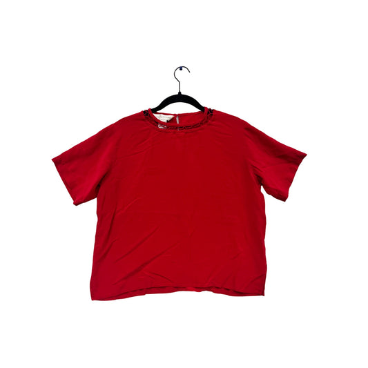 Casual Corner Red Short Sleeve Blouse With Crochet Neckline Size M #490A