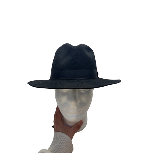 Black Wide Brim Felt Fedora Hat With Ribbon Band #9850