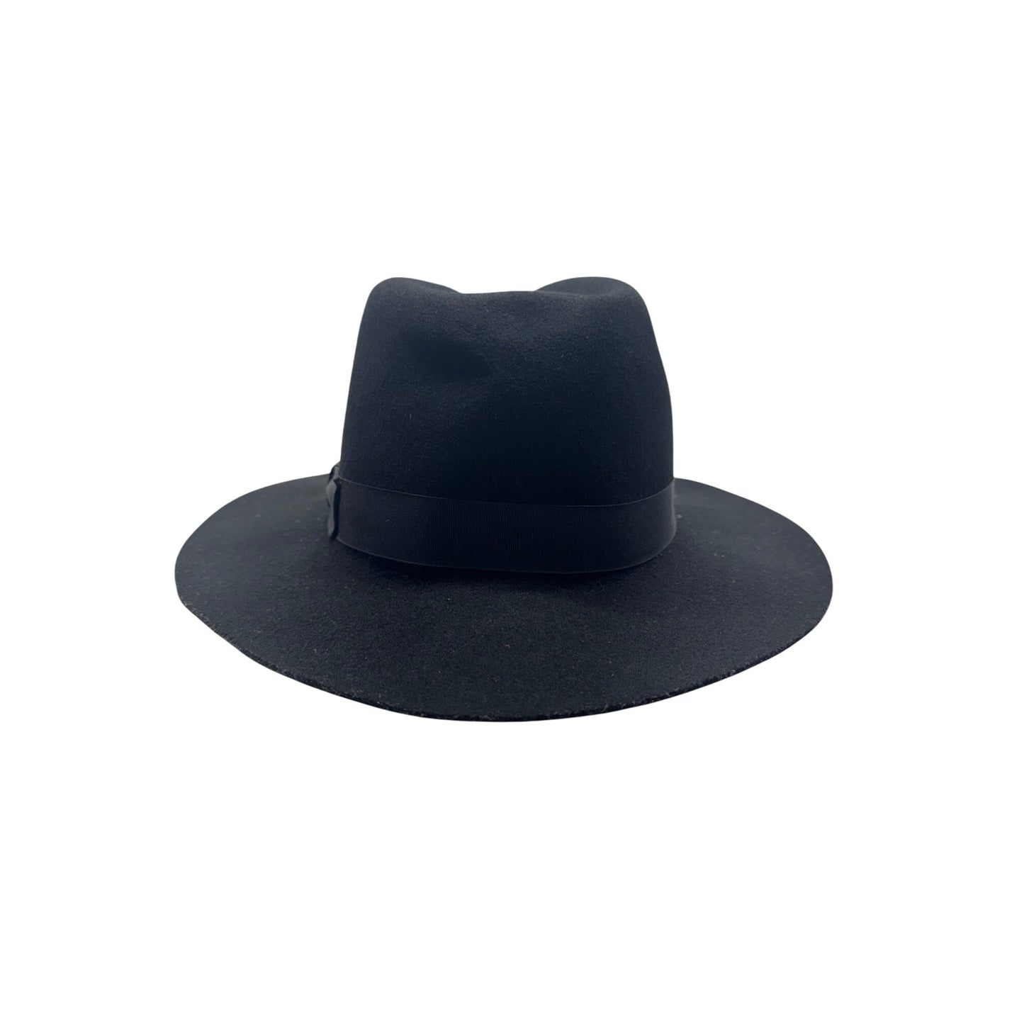 Black Wide Brim Felt Fedora Hat With Ribbon Band #9850