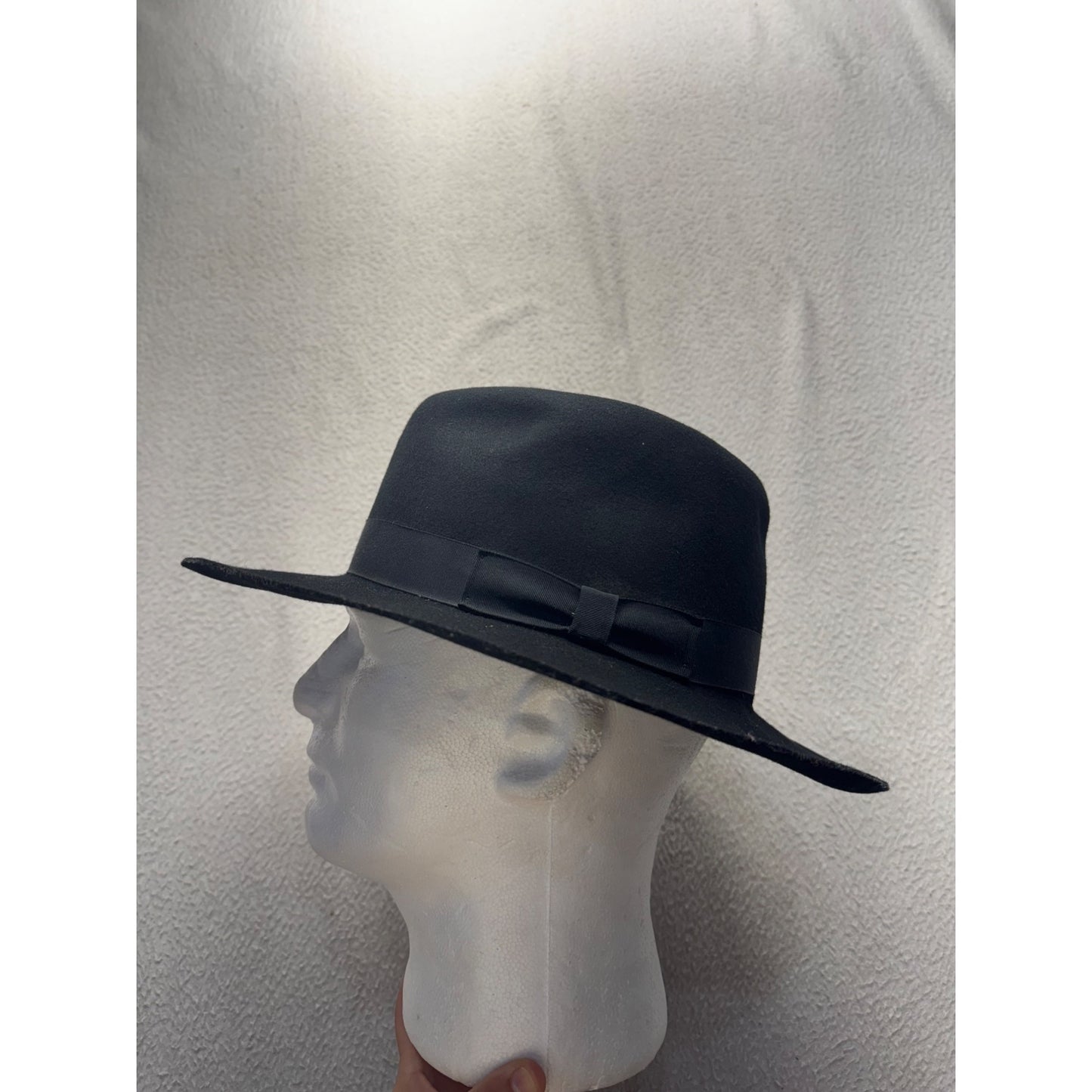 Black Wide Brim Felt Fedora Hat With Ribbon Band #9850