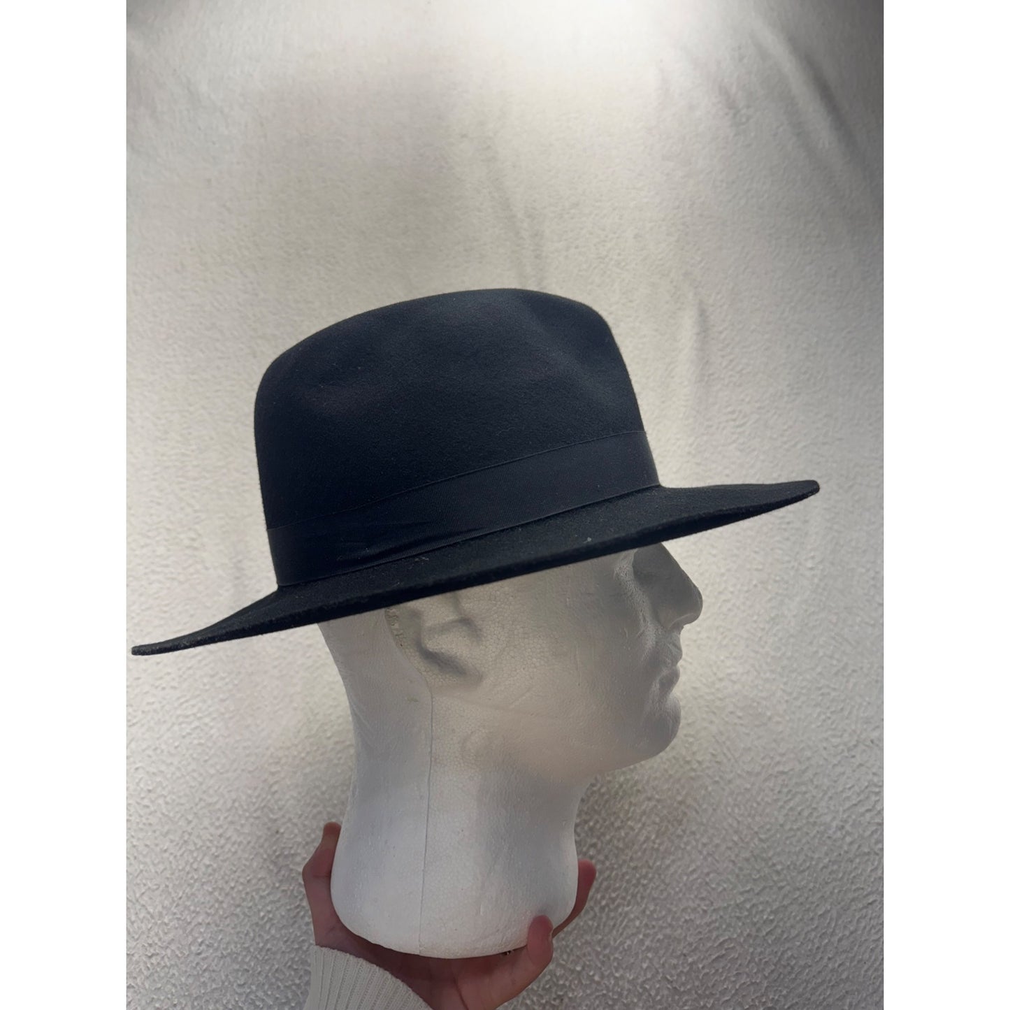 Black Wide Brim Felt Fedora Hat With Ribbon Band #9850