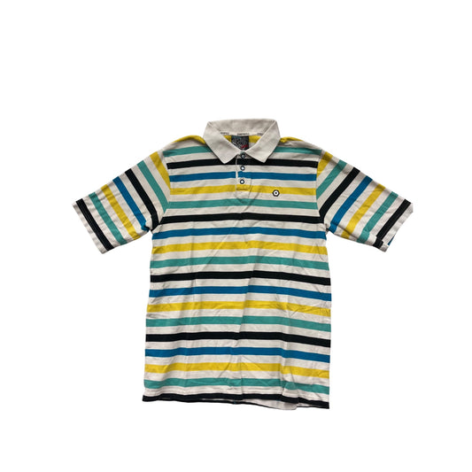 Southpole Mens Large Striped Polo Shirt Yellow Blue Green White Short Sleeve 100% Cotton #6848