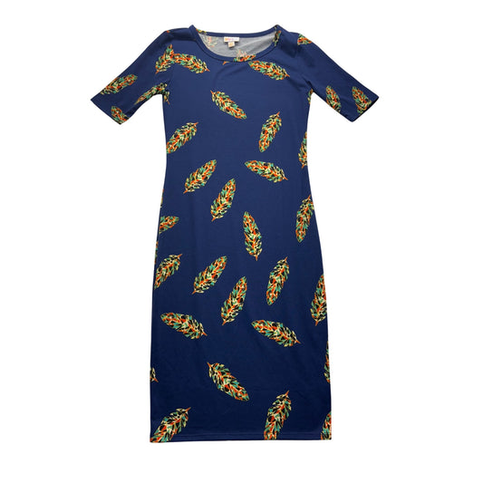 Lularoe Womens XXS Blue Midi Dress With Multicolor Feather Print #7702
