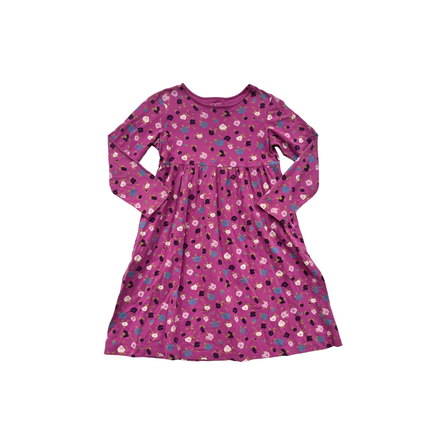 Girls Lands End Pink Floral Long-Sleeve Cotton Dress Size 10 #8131