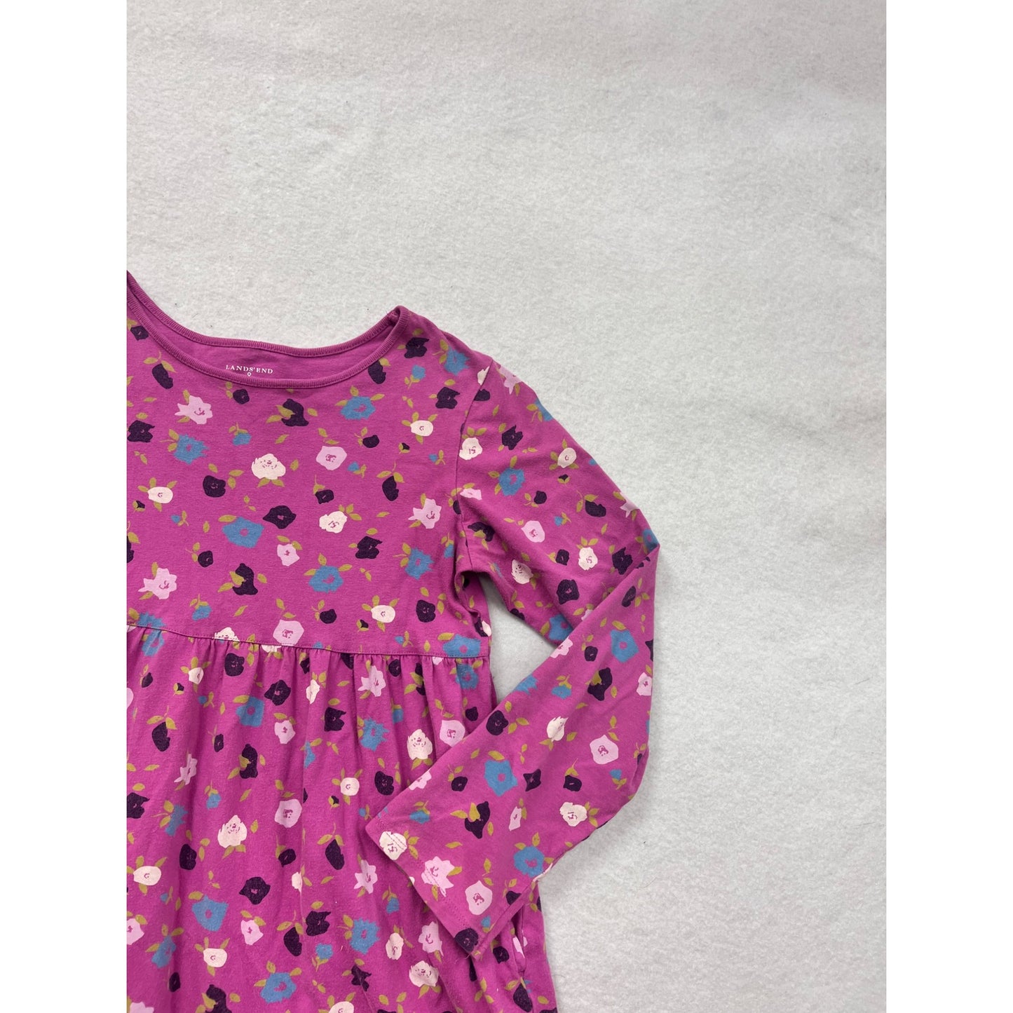 Girls Lands End Pink Floral Long-Sleeve Cotton Dress Size 10 #8131