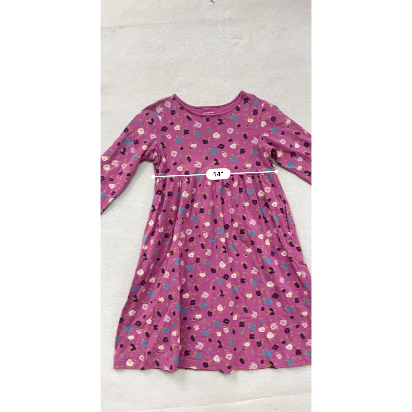 Girls Lands End Pink Floral Long-Sleeve Cotton Dress Size 10 #8131
