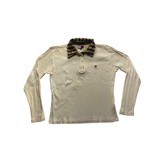 Vintage Tommy Hilfiger Ribbed Long Sleeve Polo Shirt With Striped Collar #7148