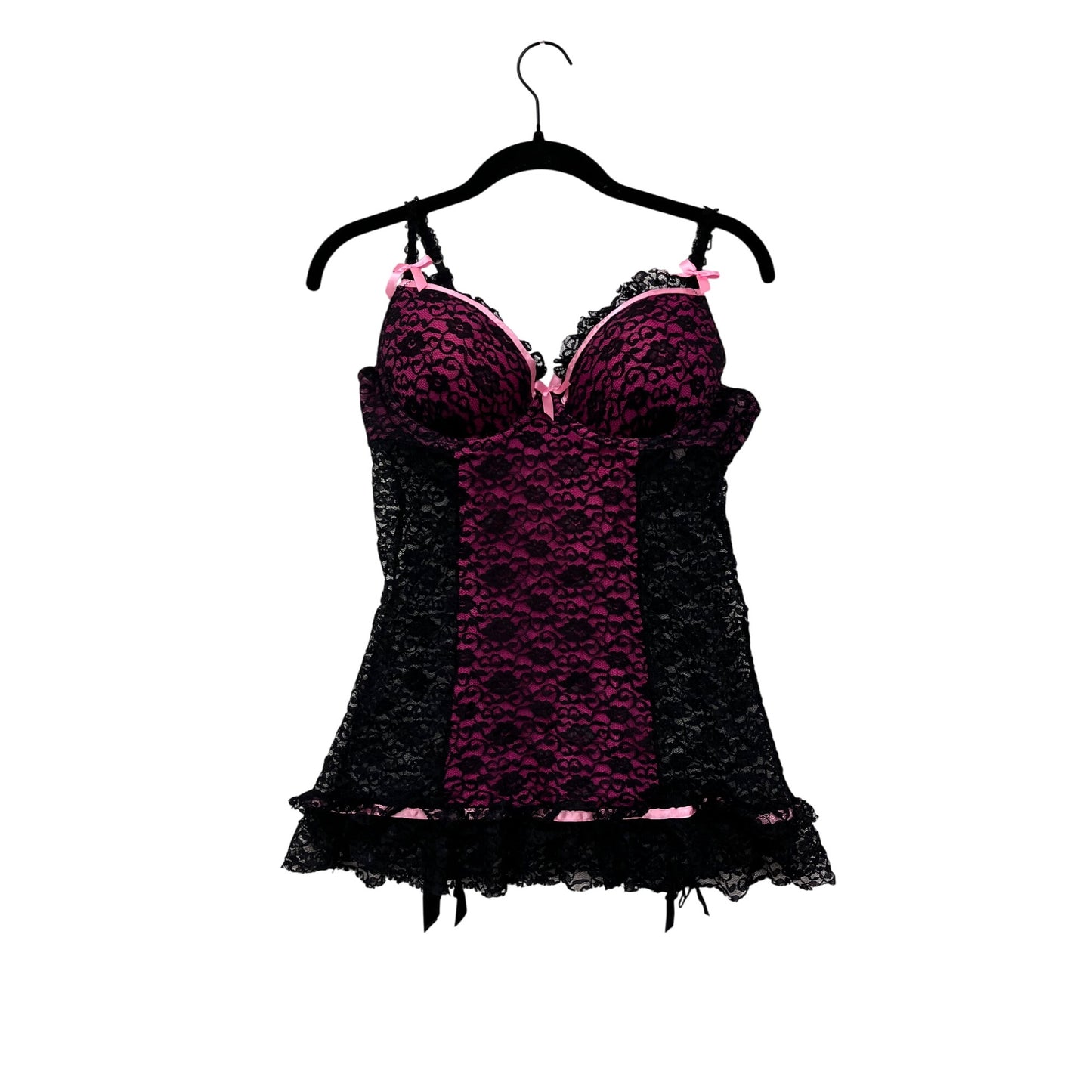 Victorias Secret Black & Pink Lace Babydoll Lingerie With Satin Bows 36C #8107