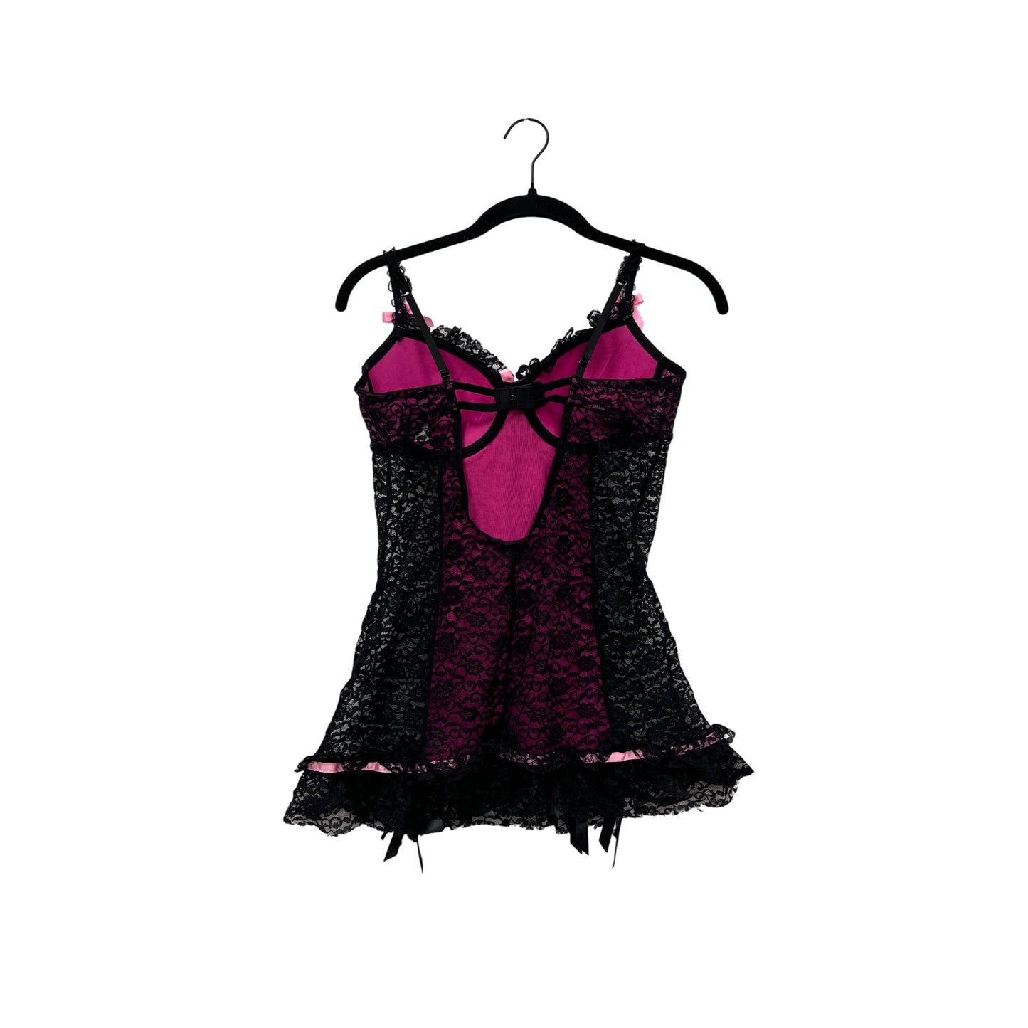 Victorias Secret Black & Pink Lace Babydoll Lingerie With Satin Bows 36C #8107