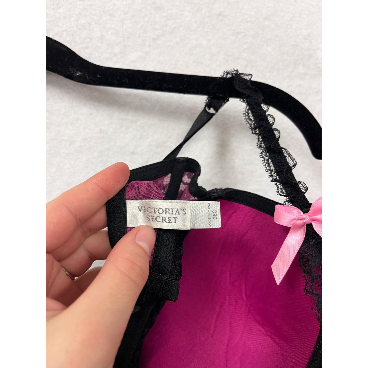 Victorias Secret Black & Pink Lace Babydoll Lingerie With Satin Bows 36C #8107