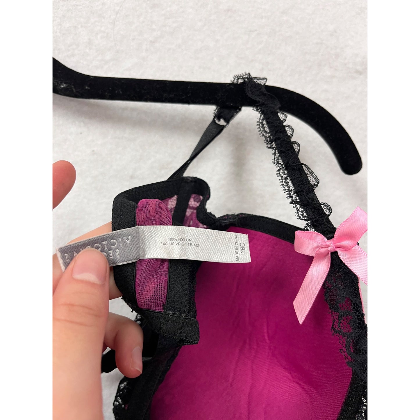 Victorias Secret Black & Pink Lace Babydoll Lingerie With Satin Bows 36C #8107