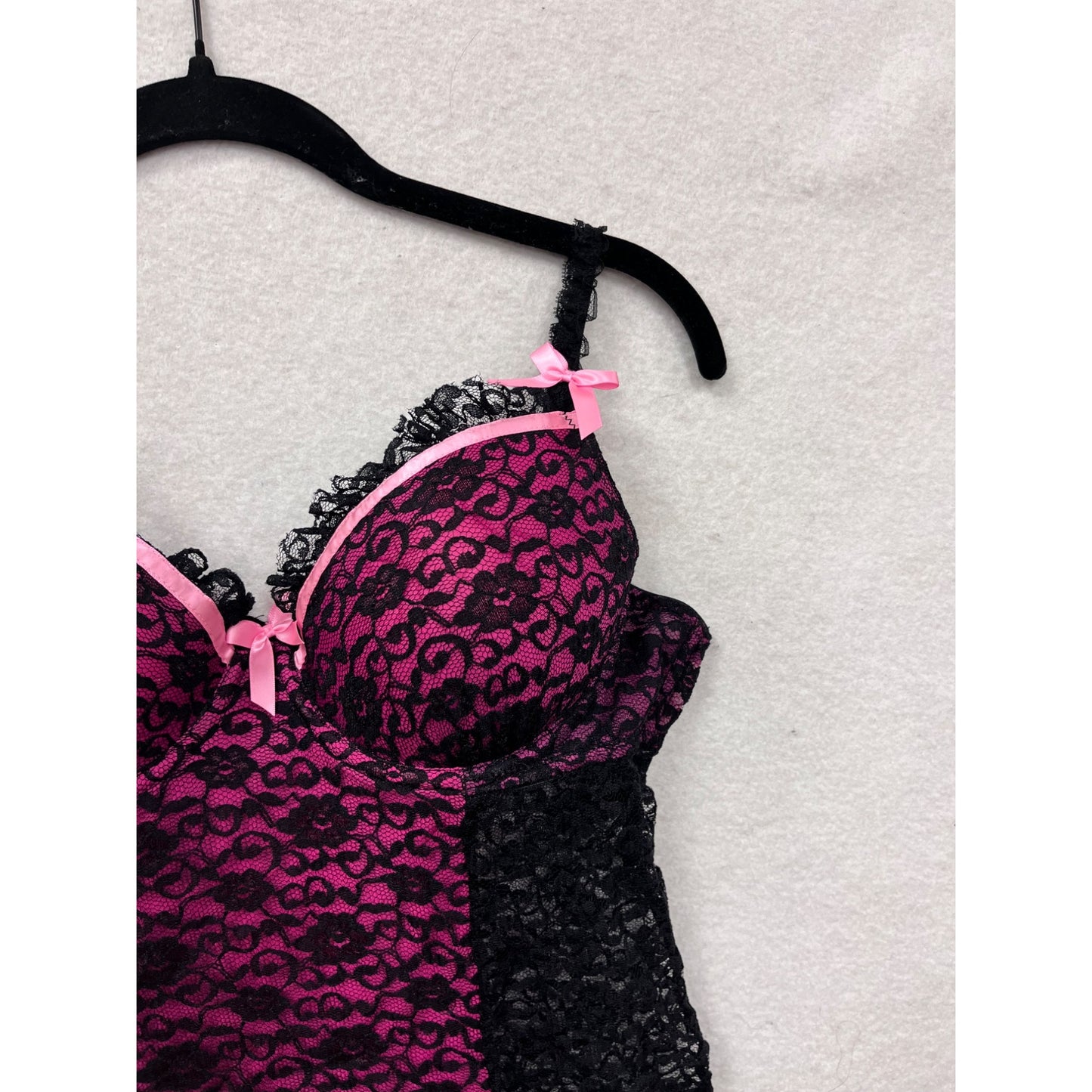 Victorias Secret Black & Pink Lace Babydoll Lingerie With Satin Bows 36C #8107