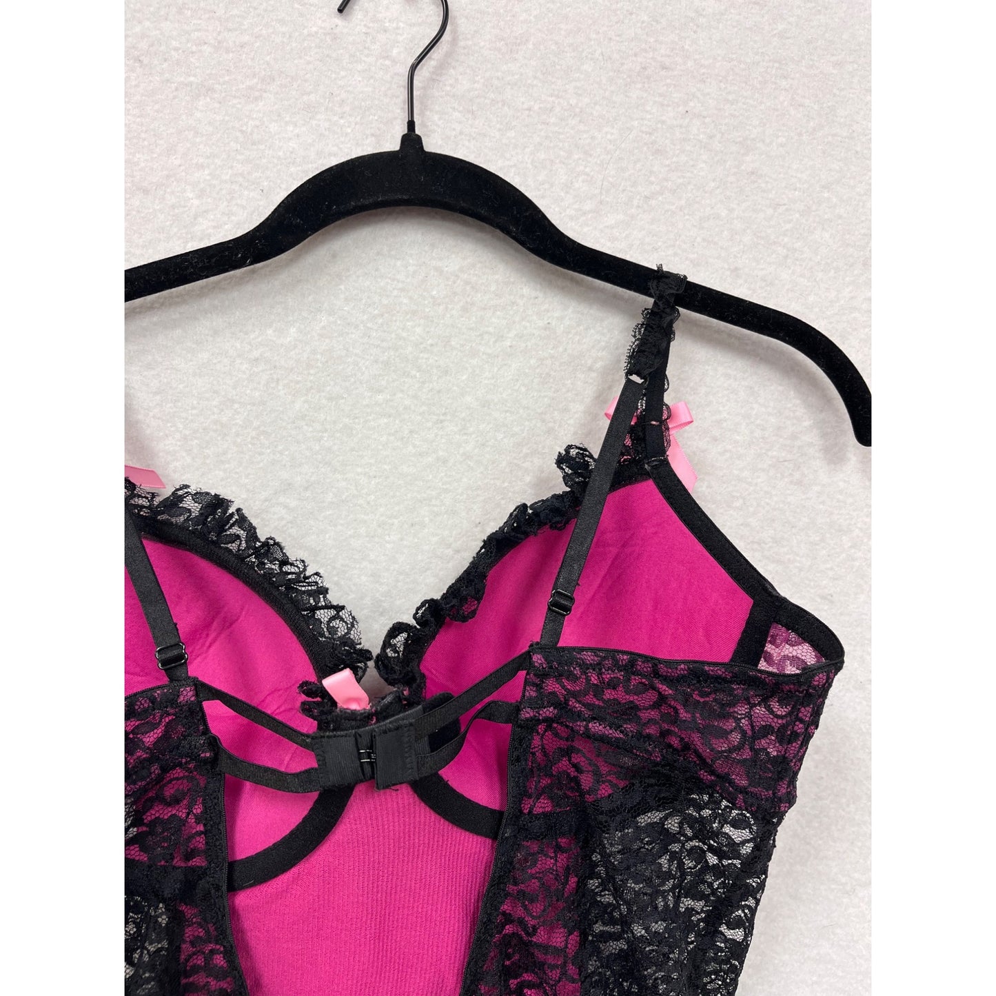 Victorias Secret Black & Pink Lace Babydoll Lingerie With Satin Bows 36C #8107