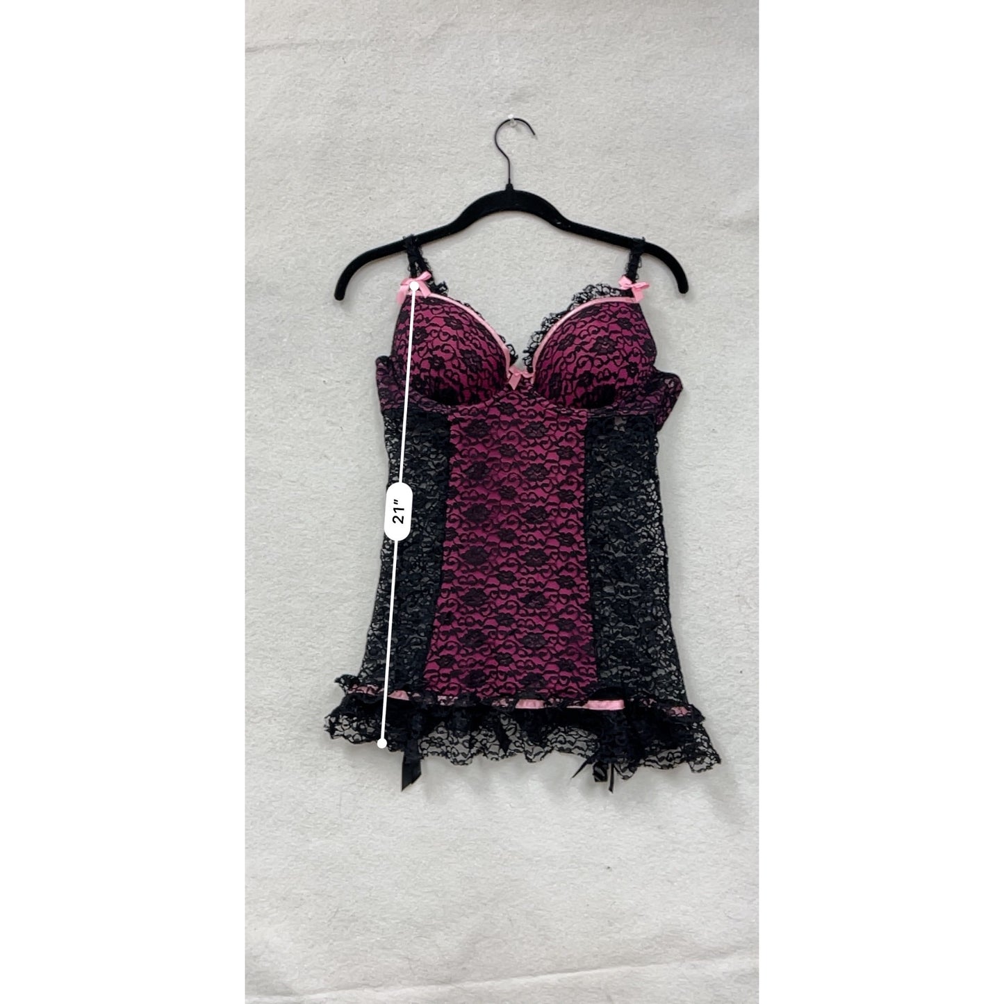 Victorias Secret Black & Pink Lace Babydoll Lingerie With Satin Bows 36C #8107