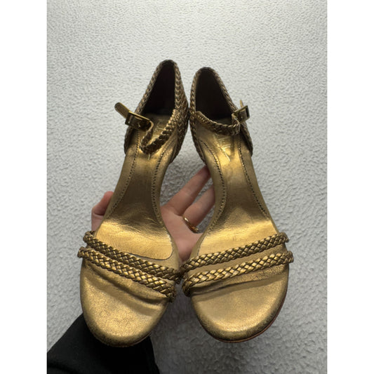 Nicole Miller Gold Braided High Heel Sandals With Ankle Strap #9243