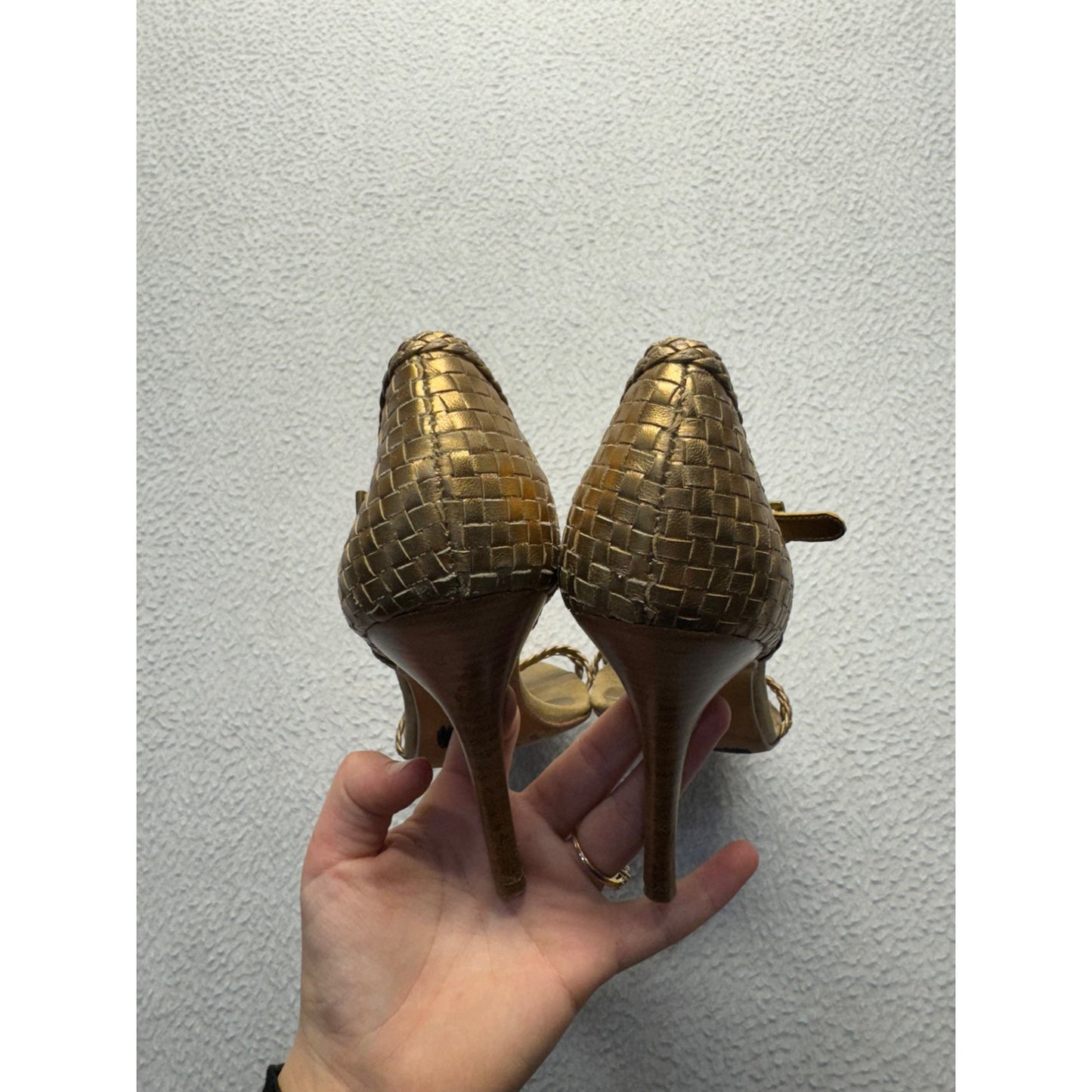 Nicole Miller Gold Braided High Heel Sandals With Ankle Strap #9243