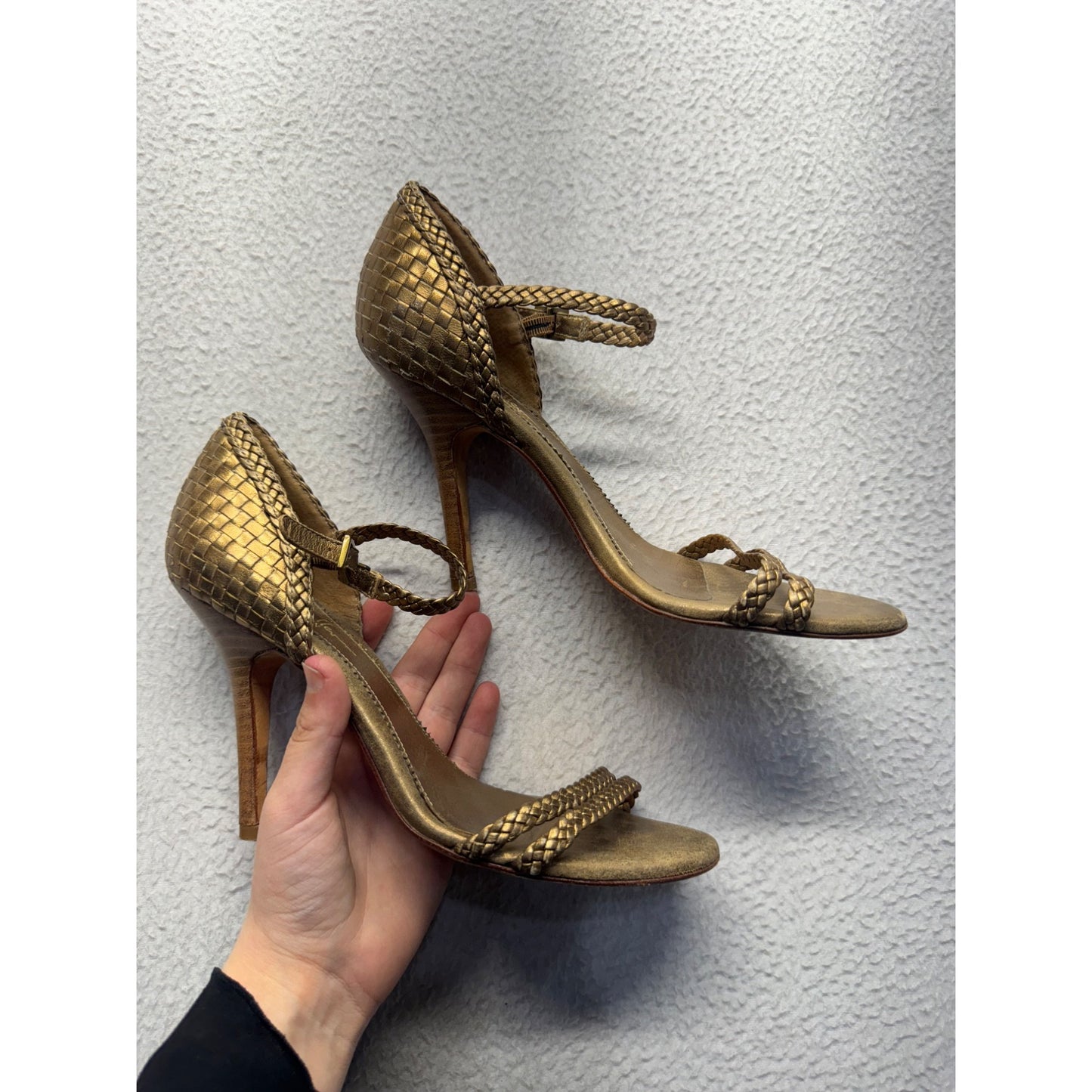 Nicole Miller Gold Braided High Heel Sandals With Ankle Strap #9243
