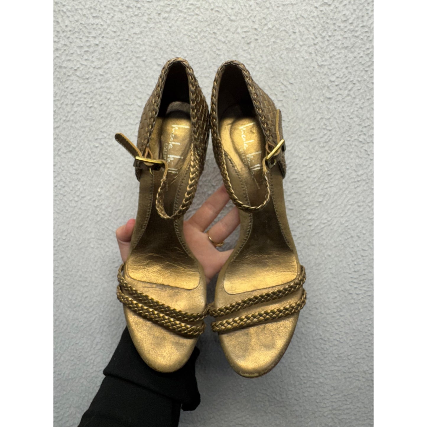 Nicole Miller Gold Braided High Heel Sandals With Ankle Strap #9243
