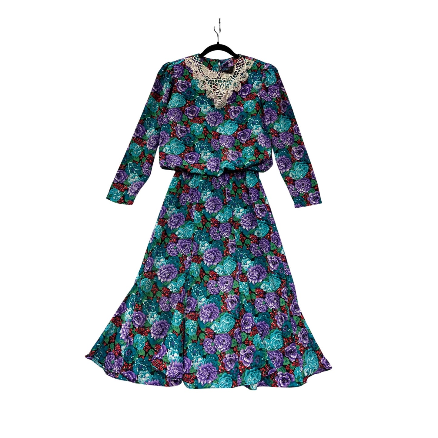 Vintage Medium 80s Starlo Floral Dress With Crochet Lace Collar & Long Sleeves #8017