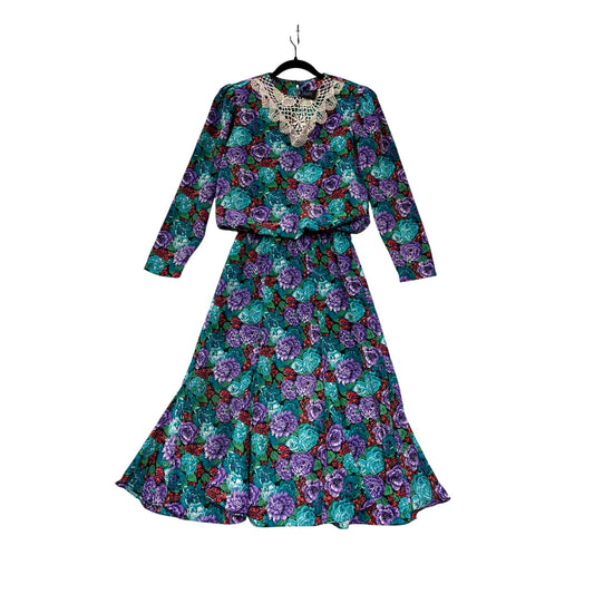 Vintage Medium 80s Starlo Floral Dress With Crochet Lace Collar & Long Sleeves #8017