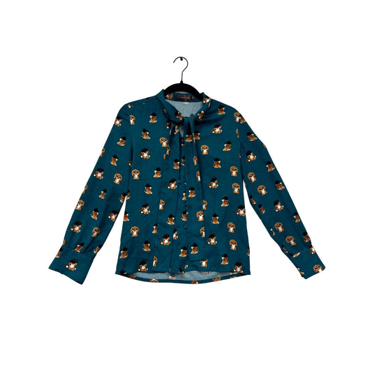 Langsom Teal Poodle Print Bow Tie Blouse S #929A
