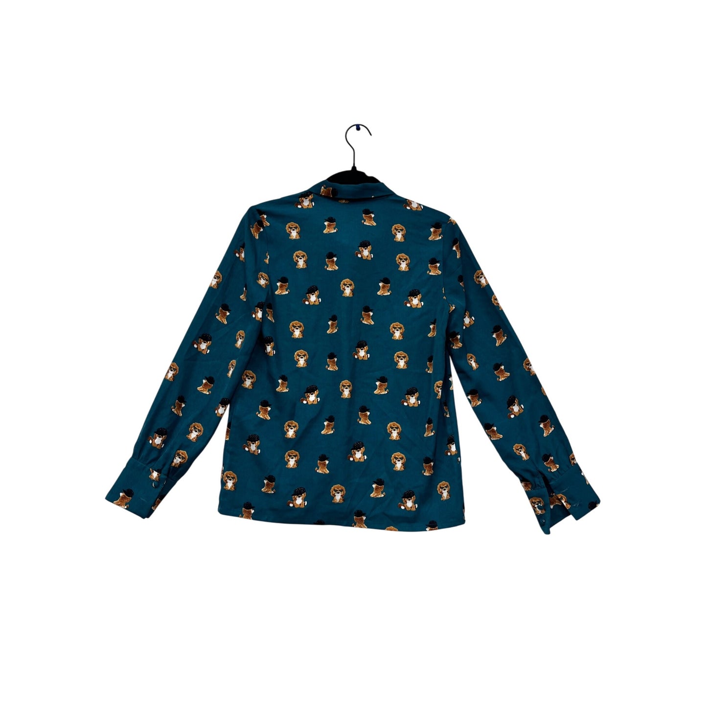 Langsom Teal Poodle Print Bow Tie Blouse S #929A