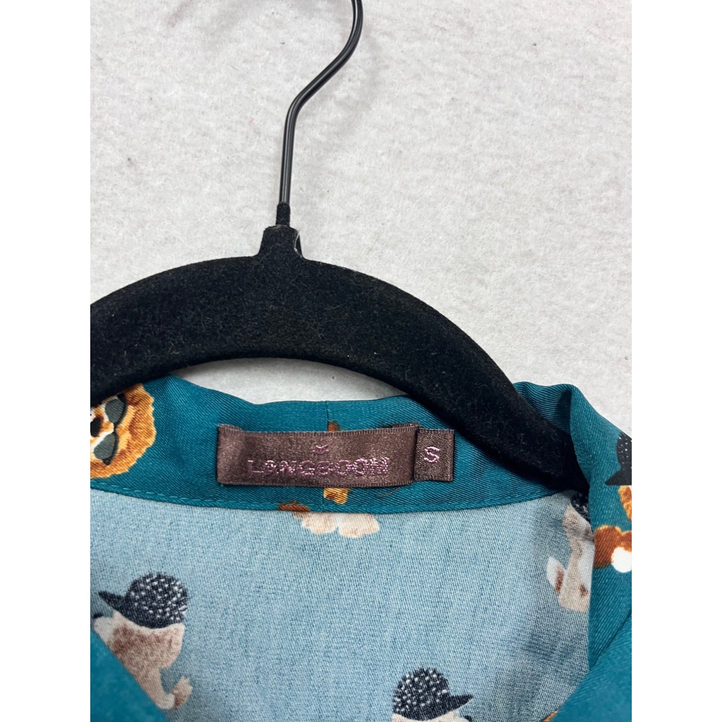 Langsom Teal Poodle Print Bow Tie Blouse S #929A