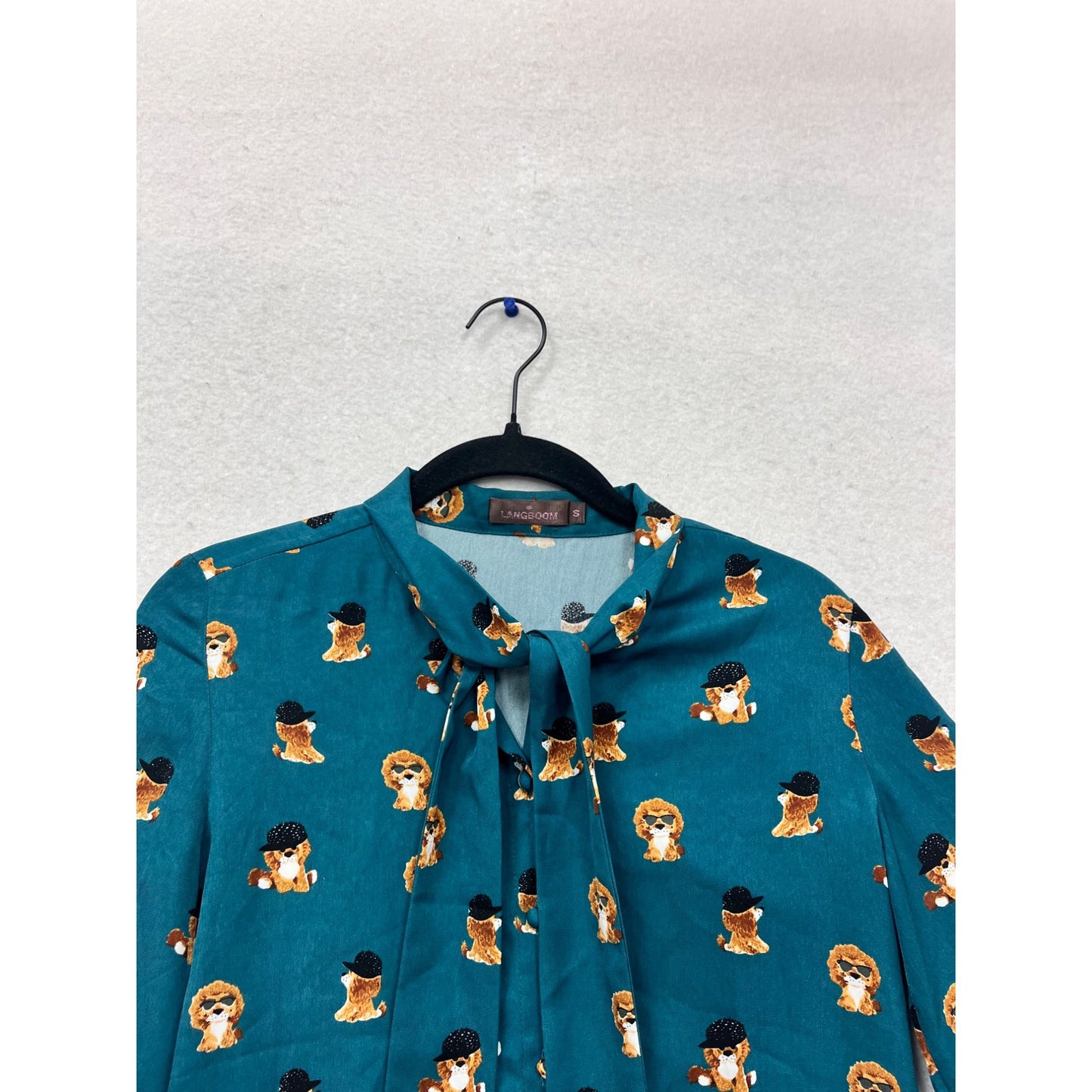 Langsom Teal Poodle Print Bow Tie Blouse S #929A