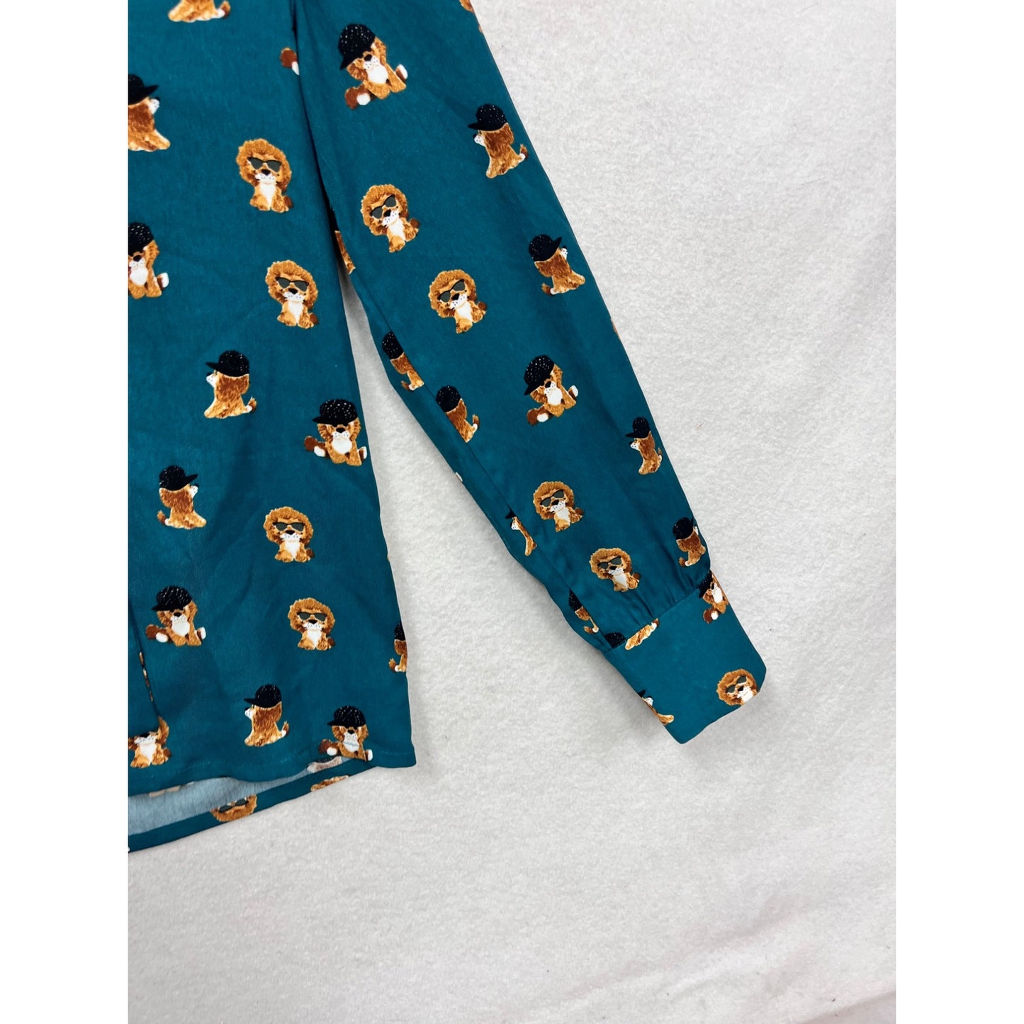 Langsom Teal Poodle Print Bow Tie Blouse S #929A