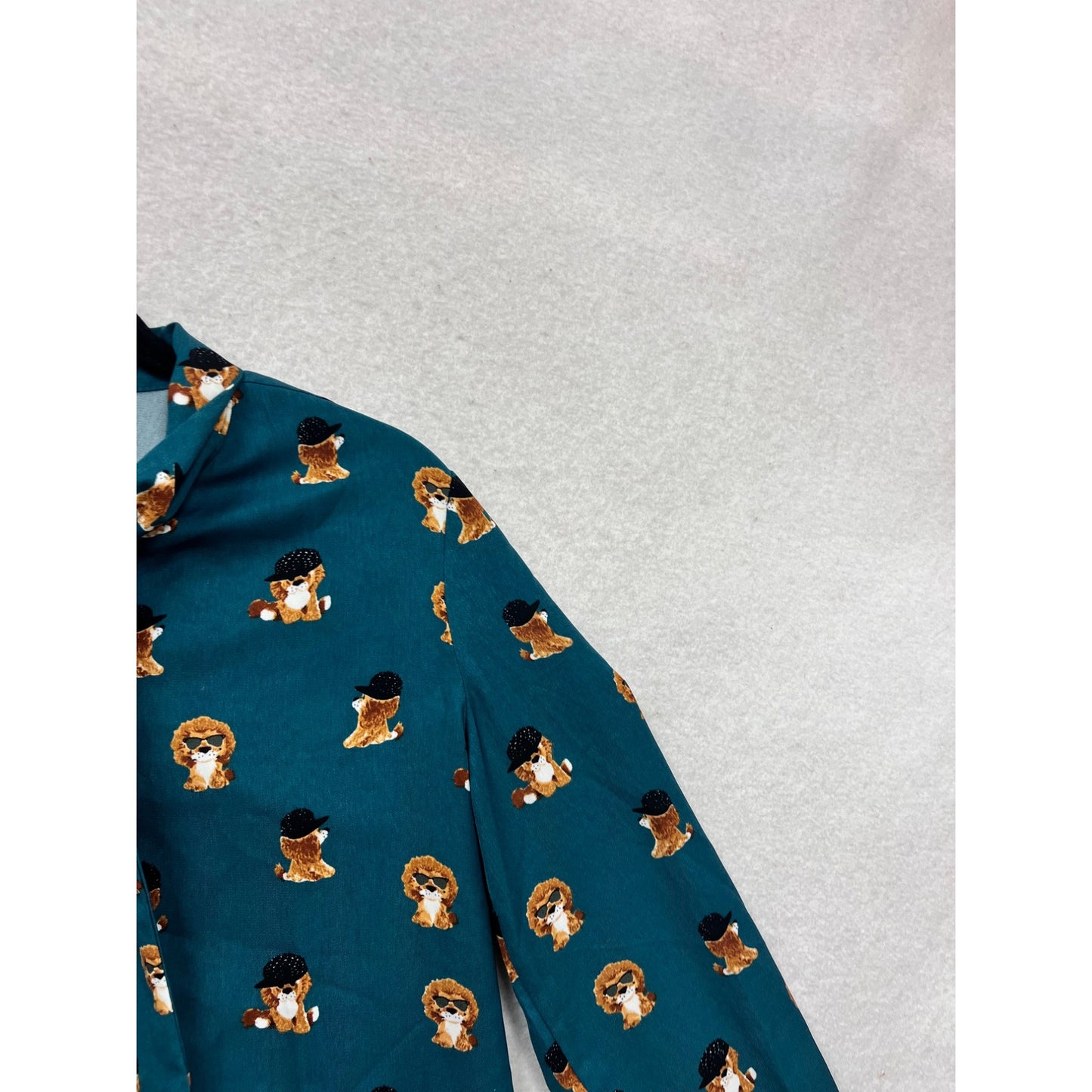 Langsom Teal Poodle Print Bow Tie Blouse S #929A