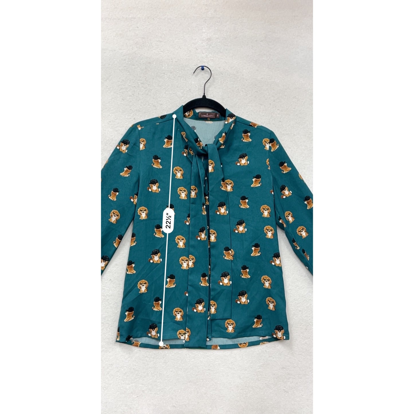 Langsom Teal Poodle Print Bow Tie Blouse S #929A