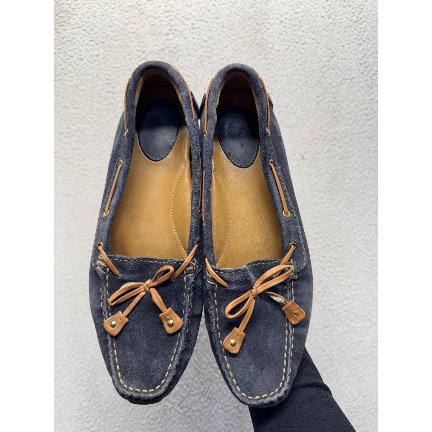 Clarks Navy Suede Moccasins With Tan Laces & Rubber Soles Size 8 #9414