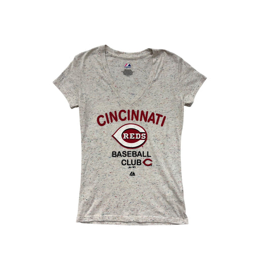 Cincinnati Reds Womens Medium V-Neck T-Shirt Speckled Design By Majestic #6716