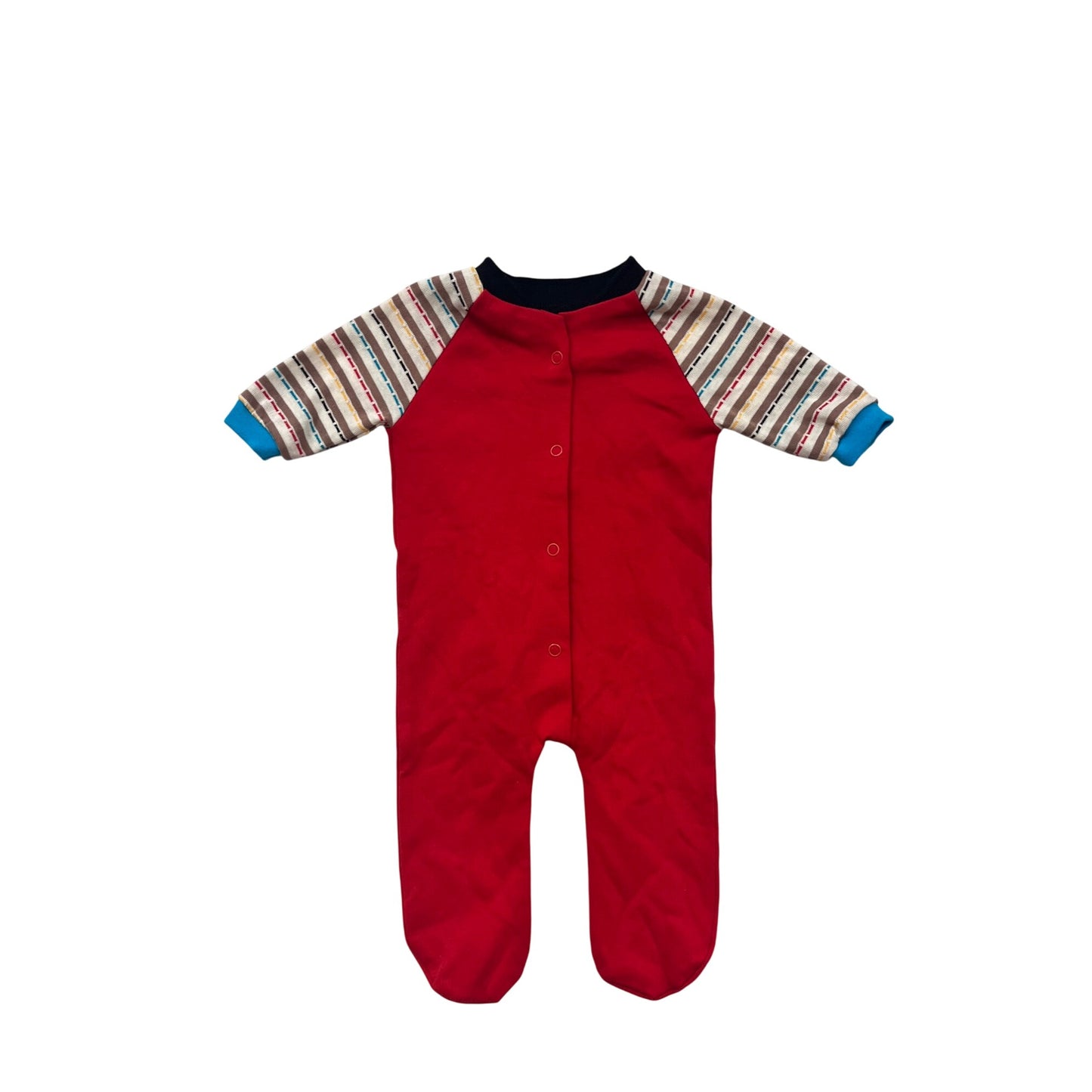Baby Footed Bodysuit With Red Body & Striped Sleeves 3-6M #6565