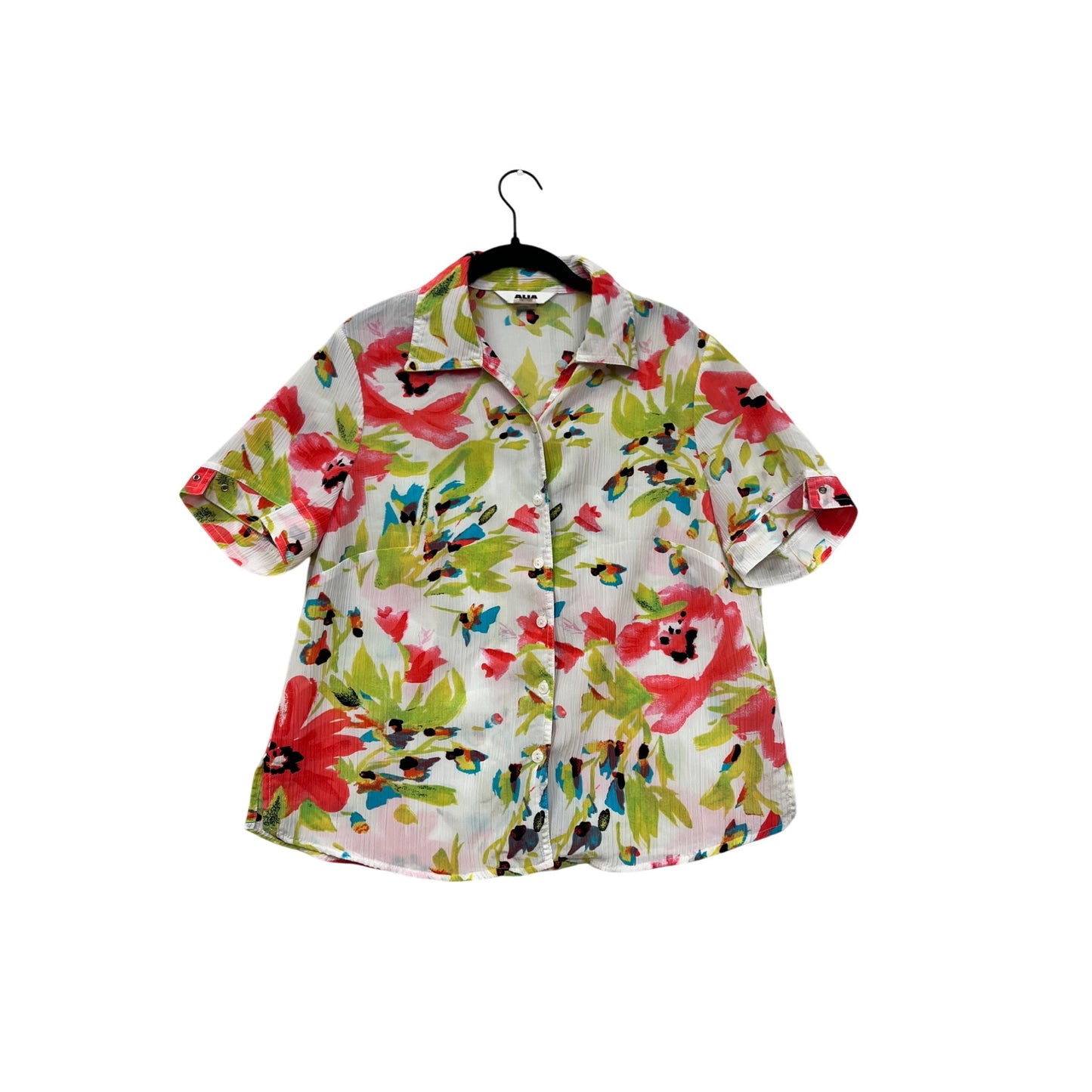 Alia Petites Floral Short Sleeve Button-Up Blouse #8851